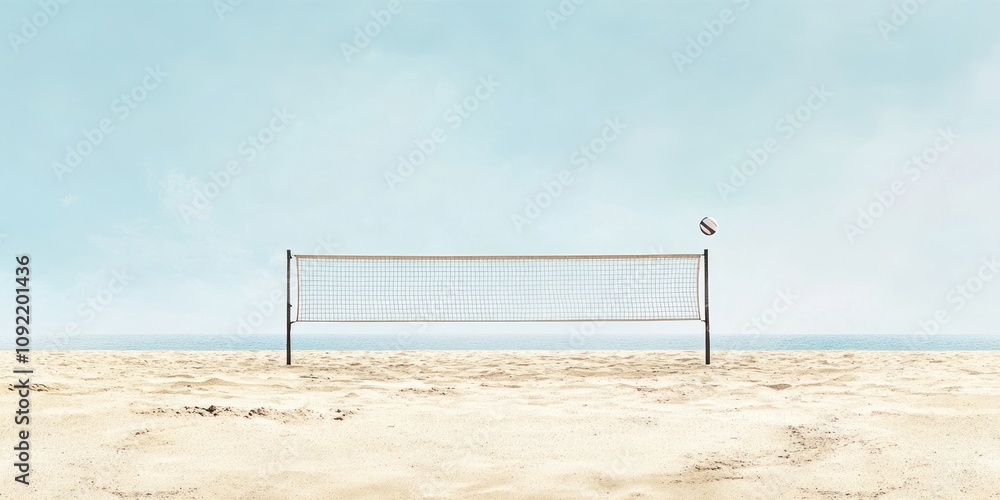 Poster A volleyball is soaring over a net on a serene beach with calm waters in the background.