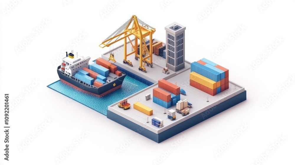 Poster a 3d illustration of a shipping port with containers and a crane.