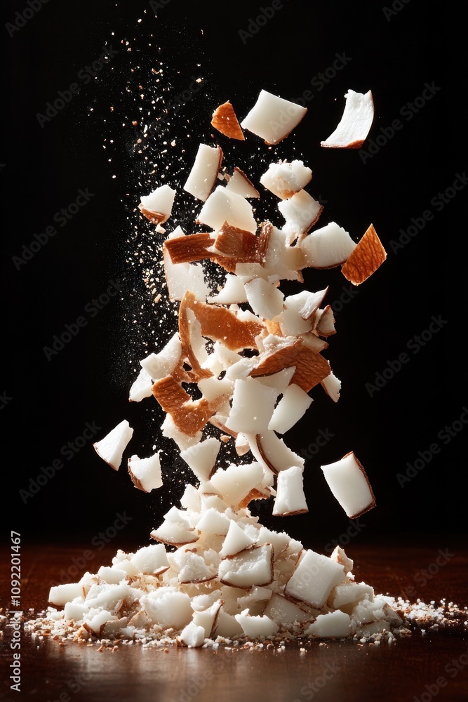 Poster a dynamic display of coconut pieces and sugar, emphasizing texture and culinary potential.