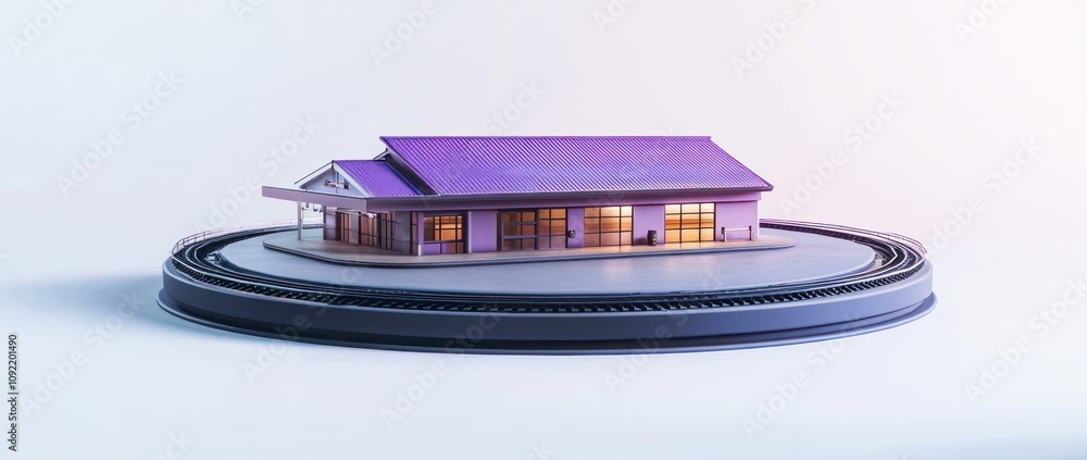 Poster A miniature train station model displayed on a circular track with ambient lighting.