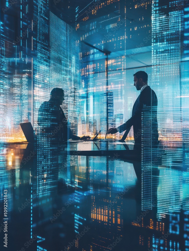 Poster backlit businesspeople working tohether in abstract blurry office interior with business charts and 