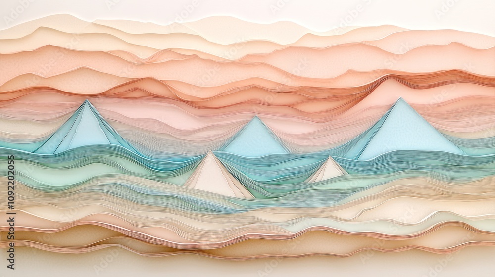 Poster Abstract layered landscape with pyramids and waves in soft pastel colors.