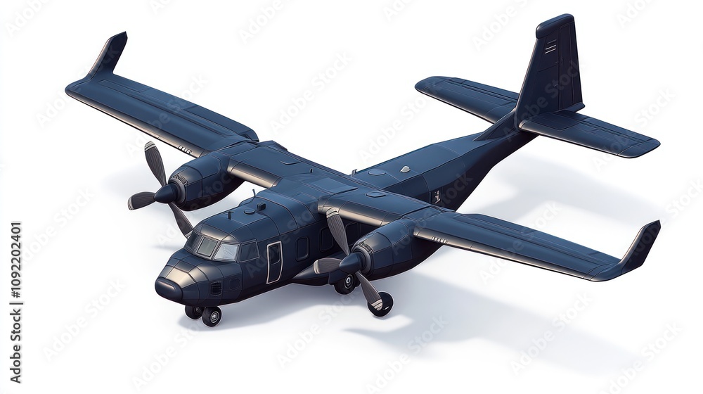 Poster a sleek military-style aircraft with twin propellers designed for tactical operations.