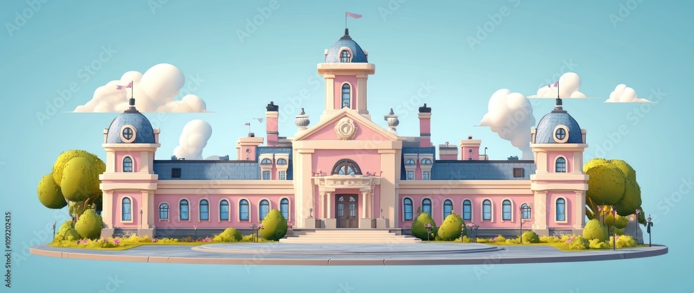 Poster a whimsical pink building with domes and trees, suggesting a playful architectural design.