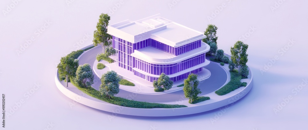 Aufkleber Modern architectural design of a building surrounded by greenery and a circular pathway.