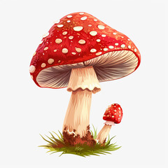 Colorful fly agaric mushrooms in grass isolated on white background