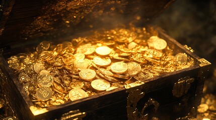 A Wooden Chest Overflowing with Shiny Golden Coins