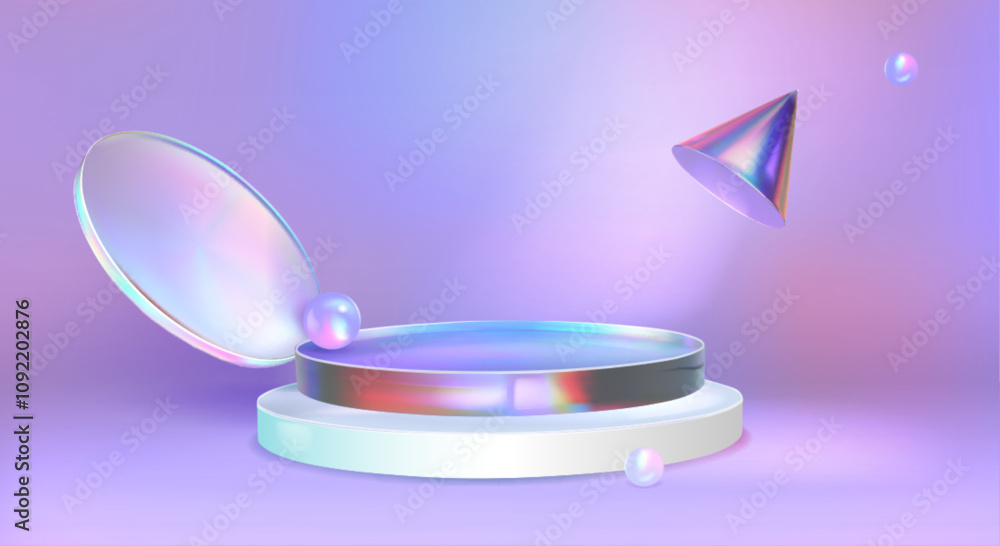 Poster abstract holographic podium with floating geometric elements in pastel color. circular metallic plat