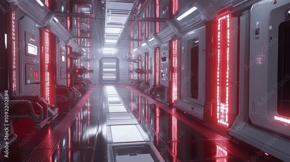 Poster futuristic spaceship corridor red lighting design