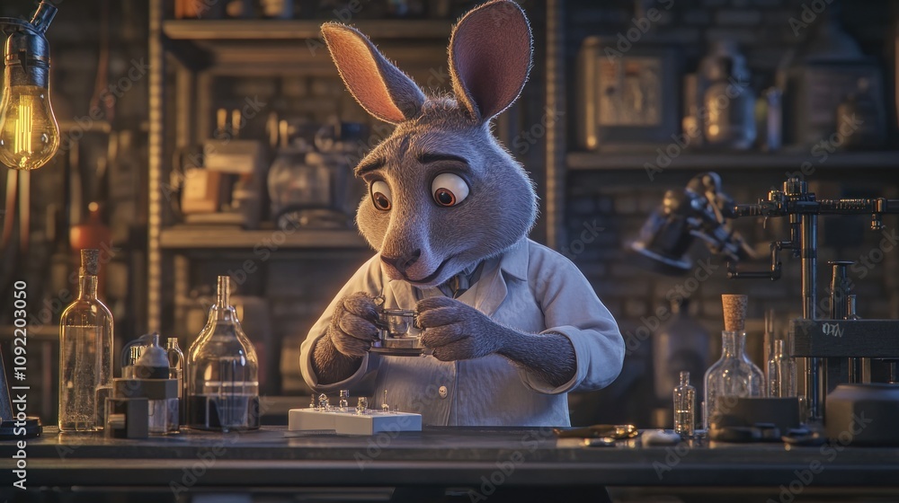 Aufkleber a cartoon rabbit in a lab coat conducts experiments in a scientific laboratory setting.