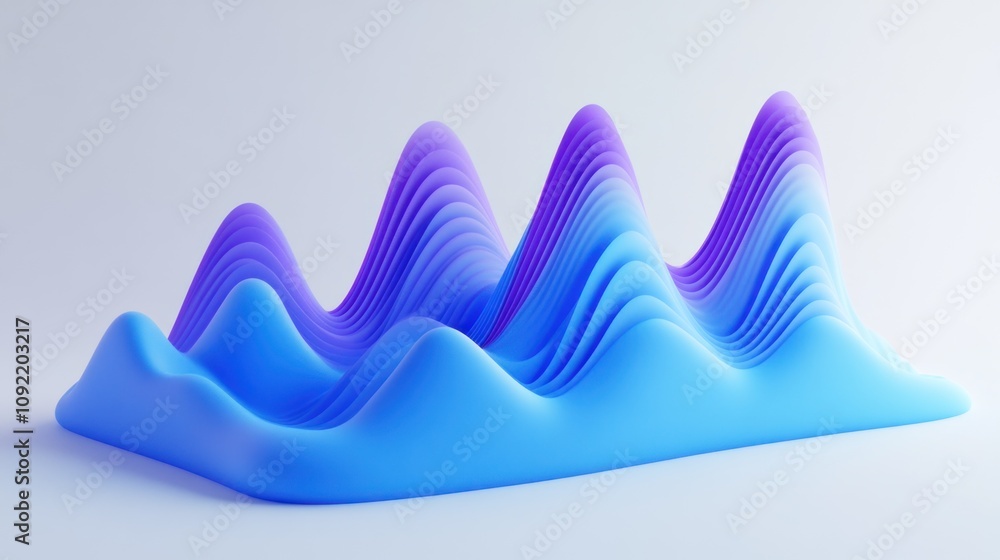 Poster a 3d wave-like structure in blue and purple, showcasing fluid dynamics and design aesthetics.