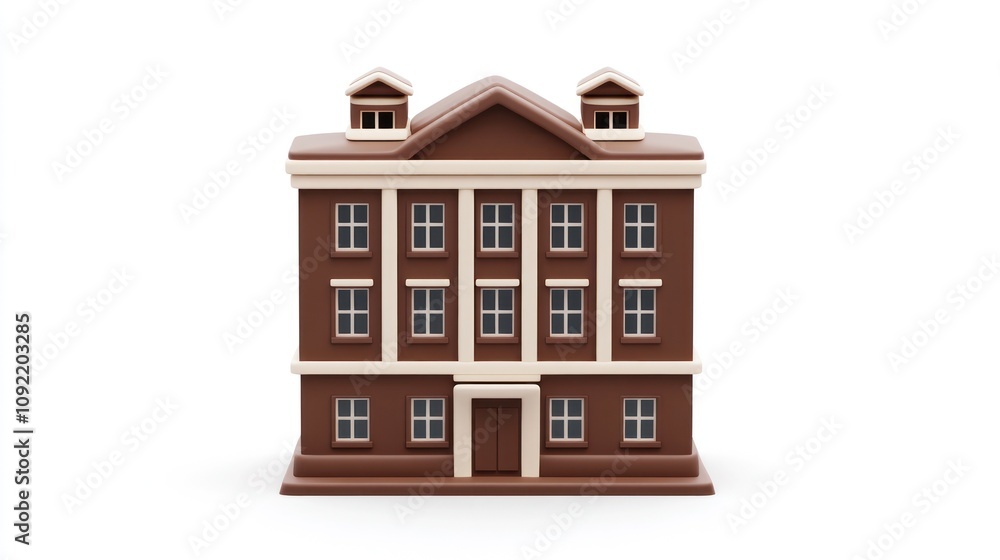 Poster a three-dimensional model of a classic brick building with windows and a peaked roof.