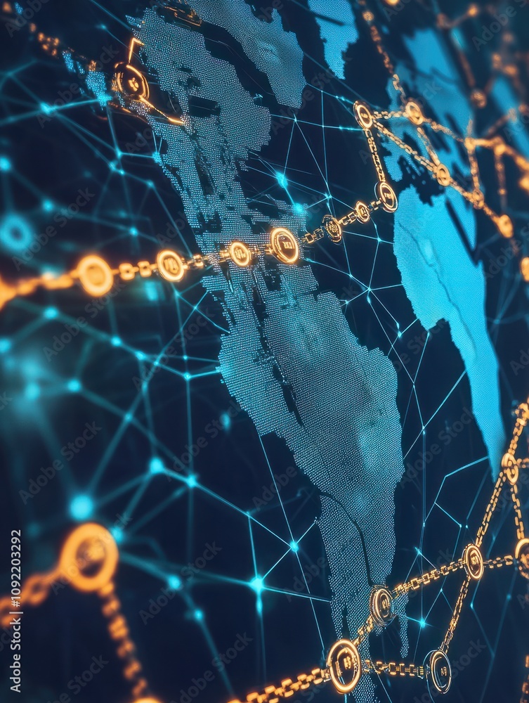 Poster blockchain technology on futuristic hud background with world map and blockchain peer to peer networ