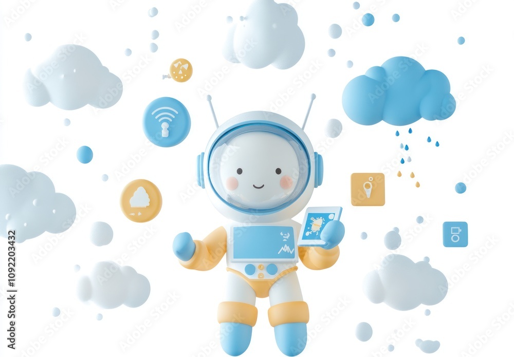 Poster A cute astronaut character surrounded by clouds and icons representing technology and weather.