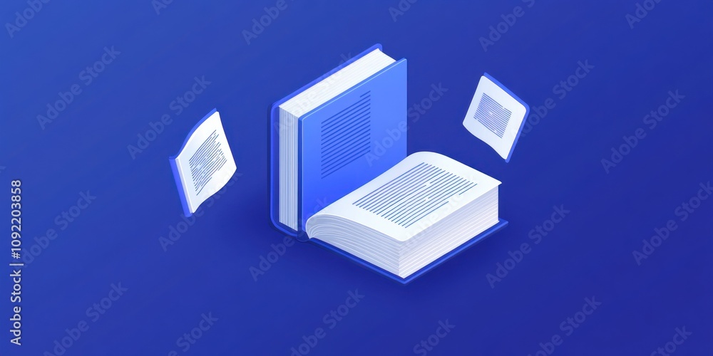Poster An illustration of an open book with floating pages, symbolizing knowledge and learning.