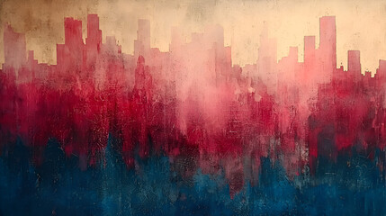 Vibrant Abstract Cityscape Skyline Painting with Red Hues and Blue Tones