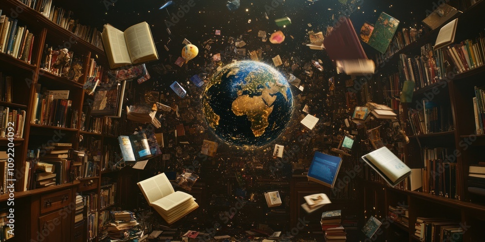 Aufkleber A surreal library scene with floating books and a globe, symbolizing knowledge and exploration.