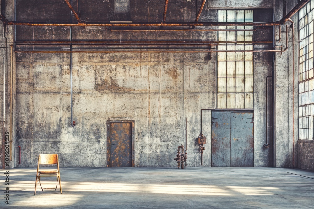 Poster an empty industrial space with a solitary chair against a textured wall and large windows.