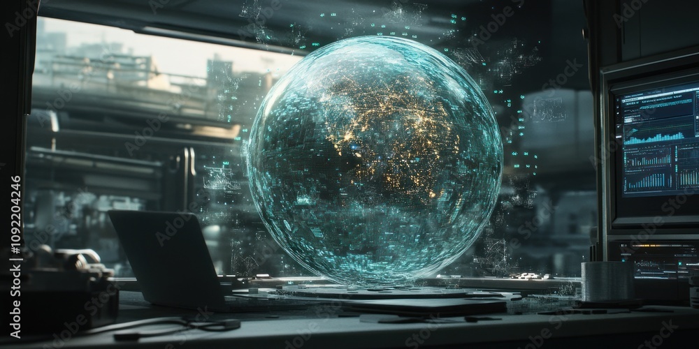 Aufkleber A futuristic holographic globe displaying data and connections in a tech environment.