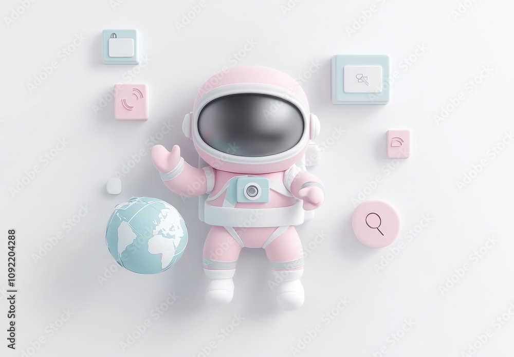 Poster a cute astronaut figure surrounded by icons and a globe, representing exploration and technology.