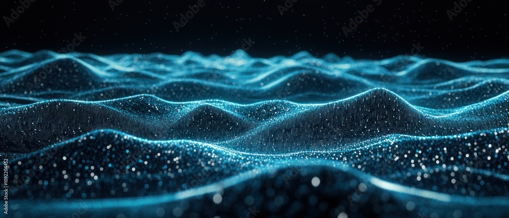 Poster Abstract representation of waves with glowing particles, creating a digital ocean effect.