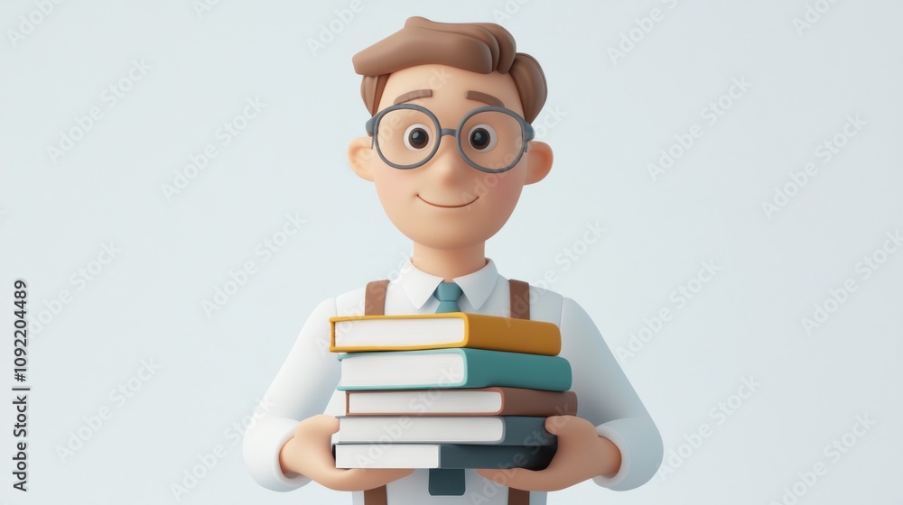 Aufkleber a cheerful character holding a stack of books, symbolizing knowledge and education.