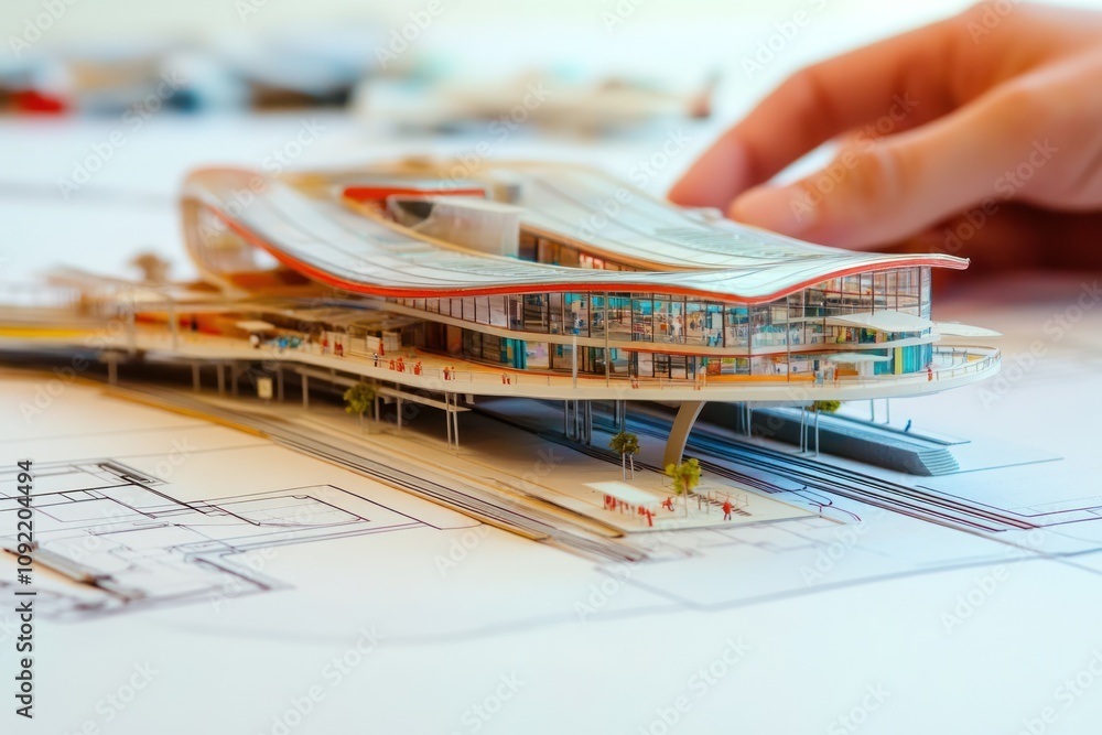 Poster a detailed architectural model showcasing a modern building design with a hand for scale.