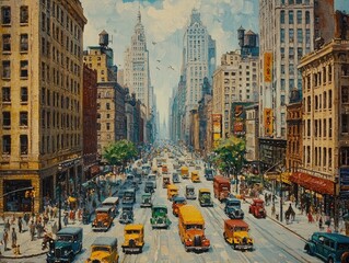 Vibrant street life urban hustle city center dynamic scene busy environment aerial view bustling people and vehicles