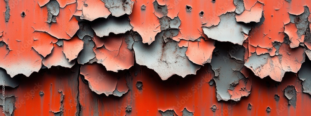 Poster a close-up of peeling paint on a weathered surface, showcasing texture and color contrast.