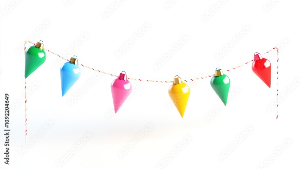 Poster a colorful string of festive lights in various shapes hanging on a white background.