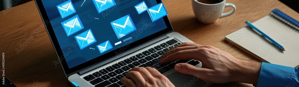 Fototapete a person typing on a laptop with email notifications displayed on the screen.