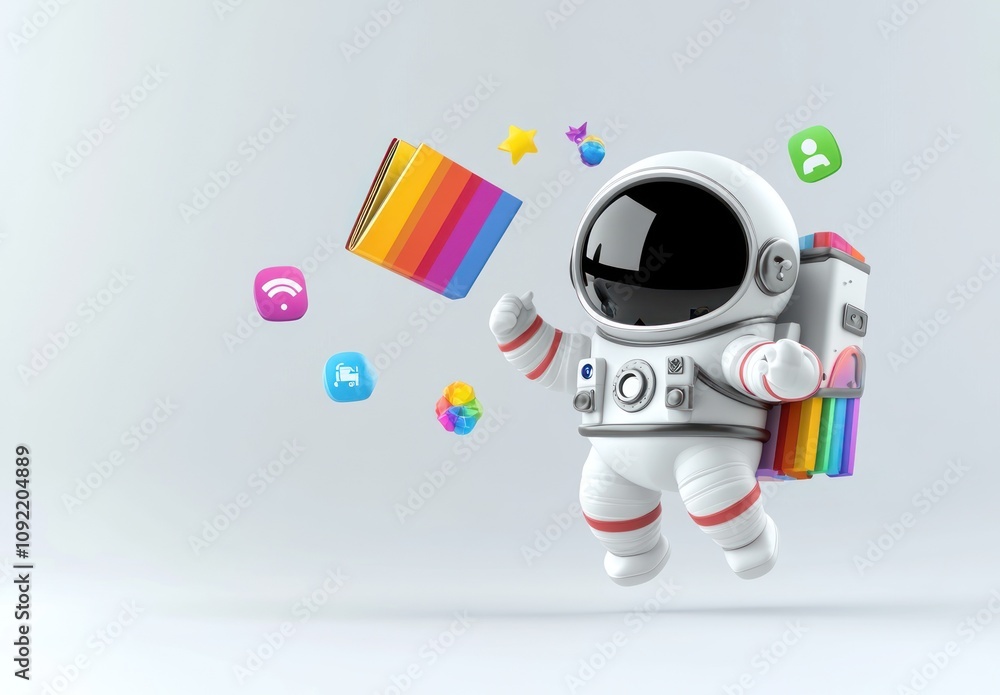 Aufkleber a cheerful astronaut floats surrounded by colorful icons representing knowledge and technology.