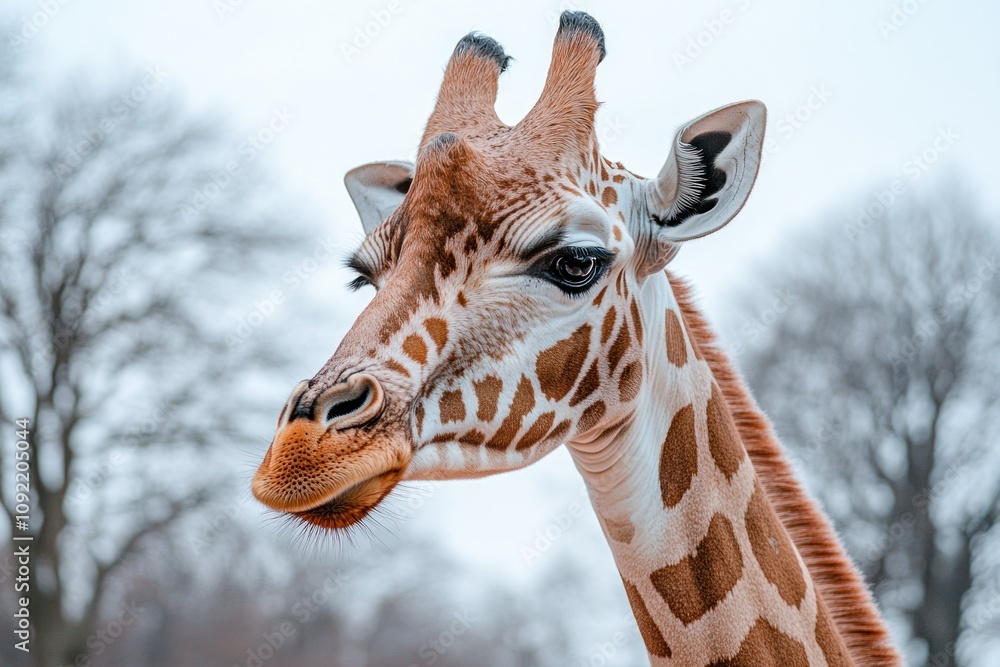 Poster Close-up of a giraffe's head with distinctive patterns and features in a natural setting.