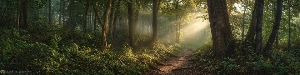 Obraz premium 2410_003.serene woodland hiking path, towering deciduous trees, ethereal morning mist, dramatic light rays, organic forest understory, peaceful nature landscape, earthy tones, moody atmosphere, soft