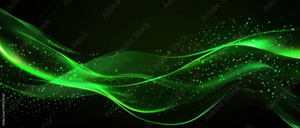Poster Abstract green waves with sparkling effects on a dark background, ideal for digital design.