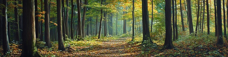 Obraz premium 2410_010.early autumn forest interior, peaceful nature trail, mixed deciduous trees, gentle light filtering through leaves, natural pathway with fallen foliage, transitional seasonal colors, verdant