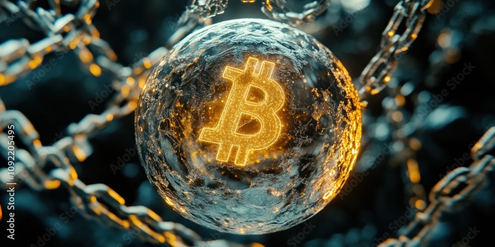 Poster a glowing bitcoin symbol encased in a transparent sphere, surrounded by chains.