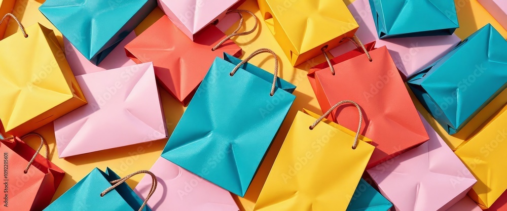 Poster a colorful pile of shopping bags with different colors and sizes. the bags are arranged in a way tha