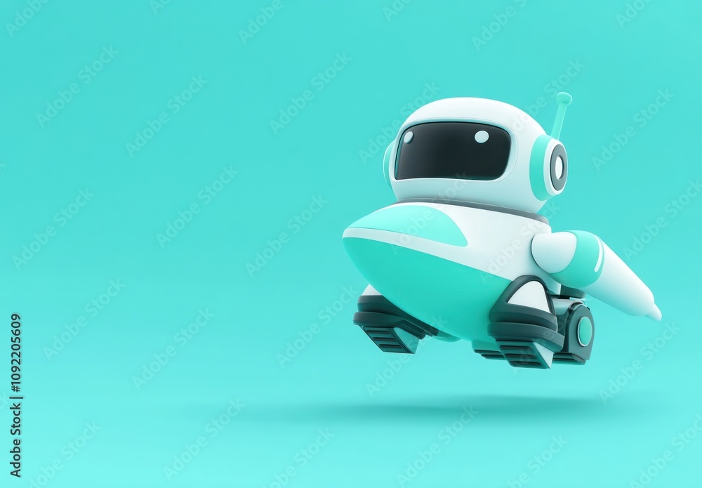 Poster a cute, cartoonish robot with a jetpack, floating against a solid turquoise background.