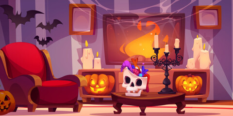 Cozy Halloween room interior with red armchair, illuminated jack o lanterns, skull shaped pot with treats on antique table, burning candles. Fireplace video on TV screen, dark bats and web hover above