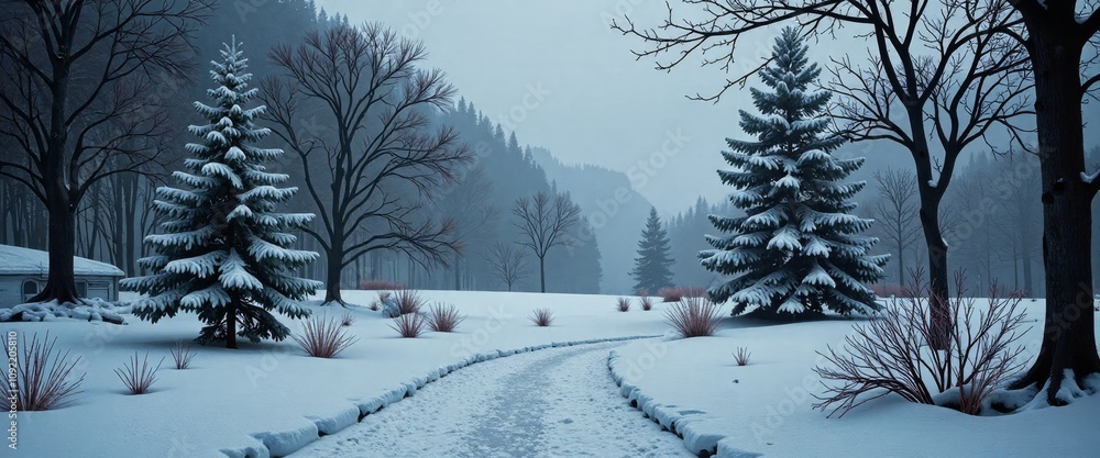Poster a snowy forest with a path through it. the trees are bare and the snow is deep