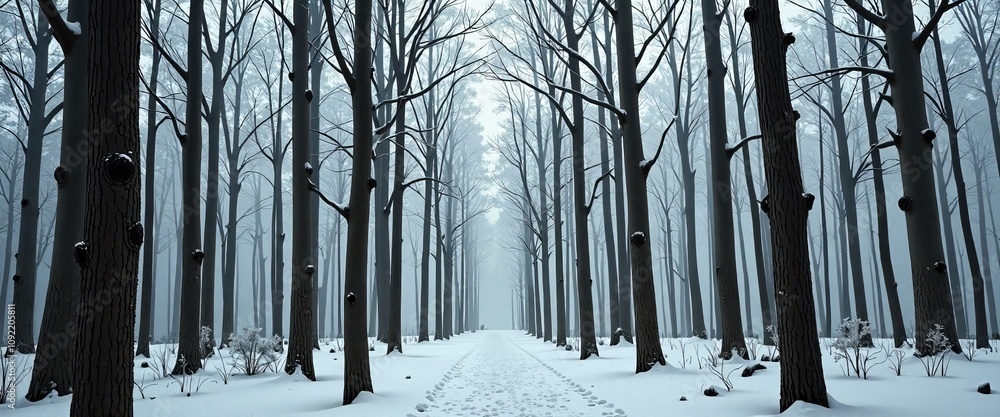 Poster a snowy forest with a path through it. the trees are bare and the snow is deep