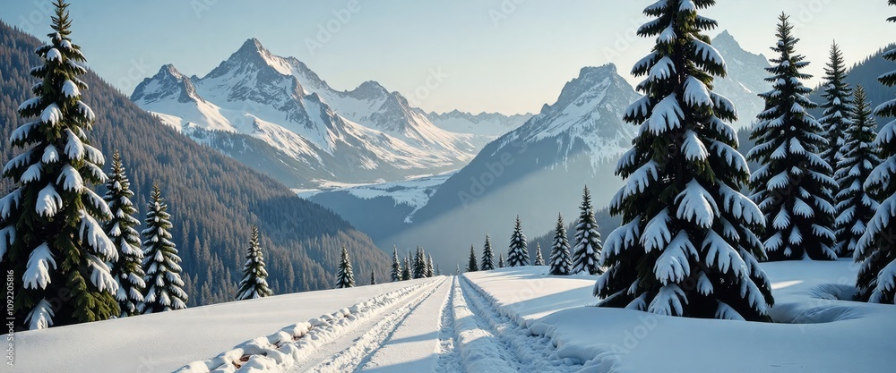 Poster a snowy forest with a path through it. the trees are bare and the snow is deep