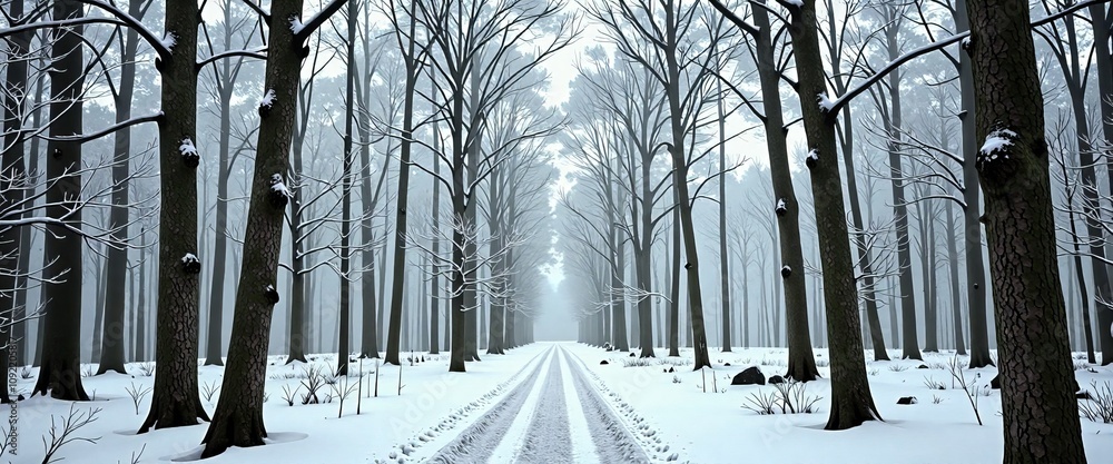 Poster a snowy forest with a path through it. the trees are bare and the snow is deep