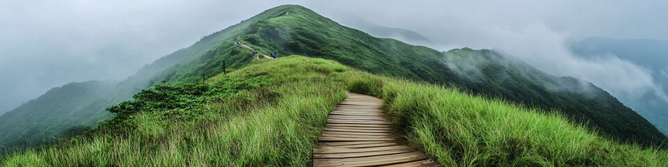 2410_076.wooden boardwalk trail ascending grassy mountain slope, expansive verdant hillside, misty mountain peak, overcast sky, distant hikers, panoramic viewpoint, rolling green terrain