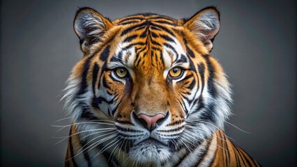 Fototapeta premium Closeup of a Tiger's Intense Gaze Captured Against a Soft Gradient Gray Background, Evoking a Sense of Power and Mystique in Surreal Photography