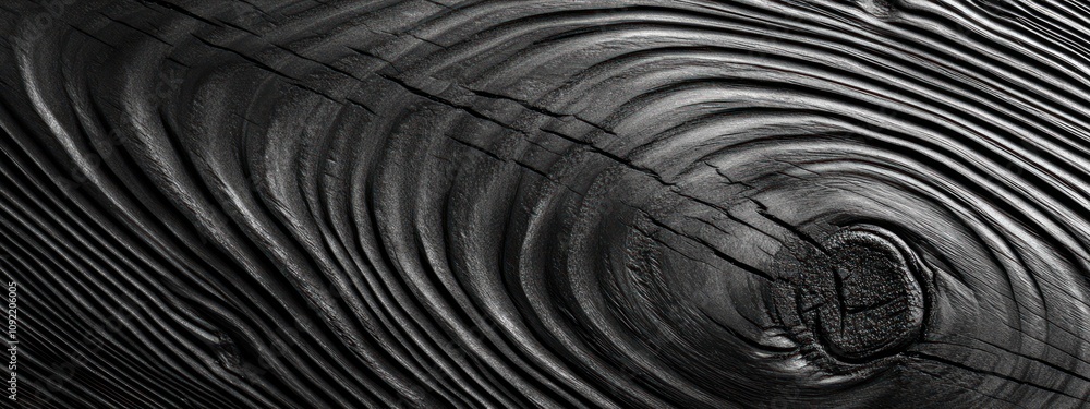 Poster Abstract close-up of textured black wood with circular patterns and a knot.