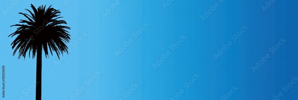 Poster a silhouette of a palm tree against a gradient blue background.