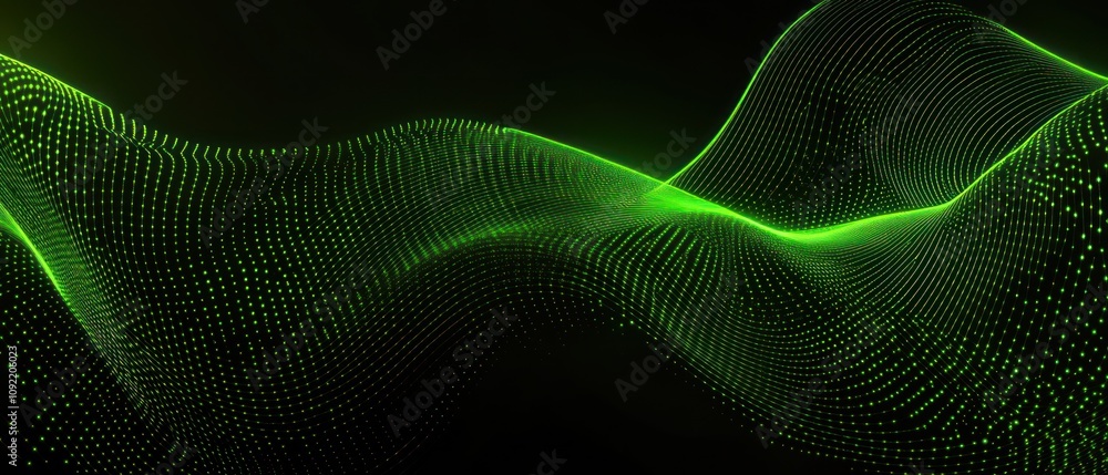 Poster abstract green wave pattern with dots on a dark background, suggesting movement and depth.