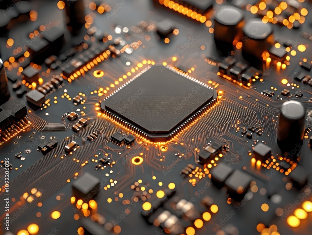 Poster exploring the intricacies of a computer chip close-up view of technology in a digital environment